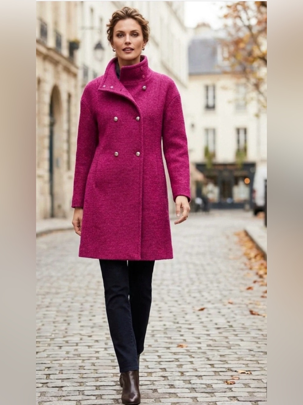TALBOTS MAGENTA MULTI FUCHSIA PINK TEXTURED DOUBLE BREASTED COAT SZ MP M PETITE